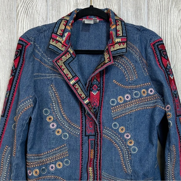 Coldwater Creek Colorful Artsy Boho Embroidered Jean Jacket Size Medium - Picture 2 of 12